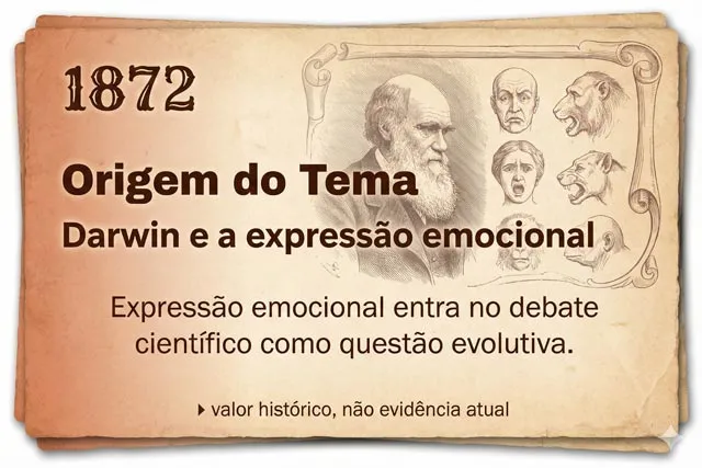 Ilustração histórica de 1872 mostrando Charles Darwin e estudos iniciais sobre expressão emocional como questão evolutiva na comunicação não verbal