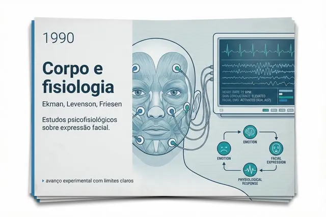 Ilustração científica de 1990 mostrando estudos psicofisiológicos de expressão facial com monitoramento corporal segundo Ekman, Levenson e Friesen