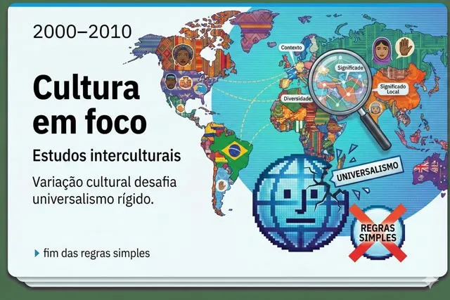Ilustração de 2000–2010 mostrando estudos interculturais em comunicação não verbal, com mapa mundial destacando diversidade cultural e limites do universalismo rígido