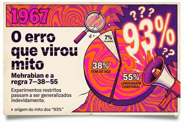 Ilustração conceitual de 1967 mostrando a regra 7–38–55 de Mehrabian e a origem do mito de que 93% da comunicação é não verbal