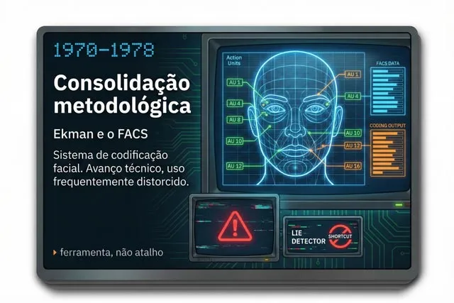 Ilustração conceitual de 1970–1978 mostrando o FACS de Paul Ekman como sistema de codificação facial com unidades de ação e alertas contra uso como atalho interpretativo