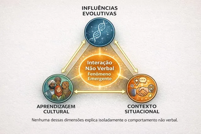 Diagrama triangular mostrando a comunicação não verbal como fenômeno emergente da interação entre influências evolutivas, aprendizagem cultural e contexto situacional.