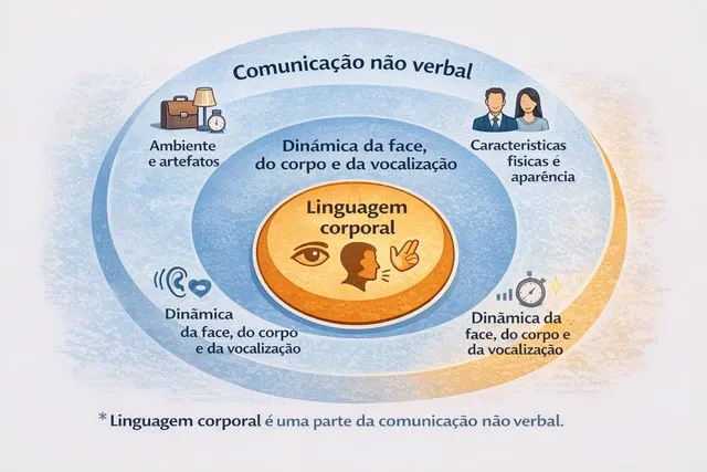Diagrama em camadas mostrando que a linguagem corporal é apenas uma parte da comunicação não verbal, incluindo ambiente, aparência e dinâmica corporal