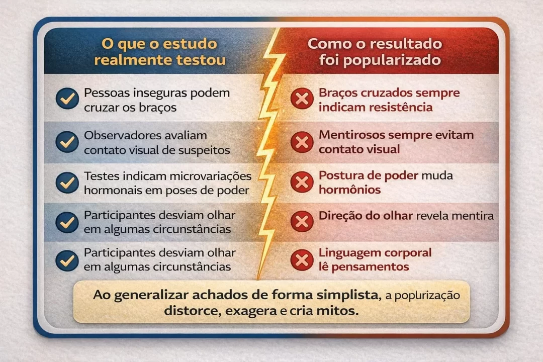 Infográfico comparativo em duas colunas que evidencia a ruptura lógica entre achados científicos sobre comunicação não verbal e sua popularização em forma de mitos. A imagem mostra como resultados parciais e contextuais são transformados em regras universais, alimentando interpretações equivocadas e práticas pseudocientíficas.