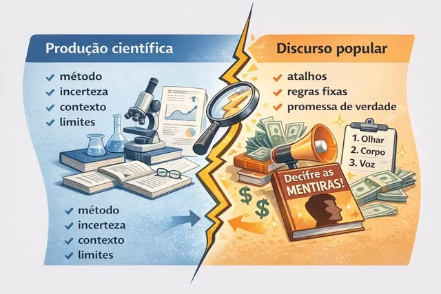 Ilustração comparando a produção científica da comunicação não verbal com o discurso popular da linguagem corporal baseado em atalhos e promessas de certeza